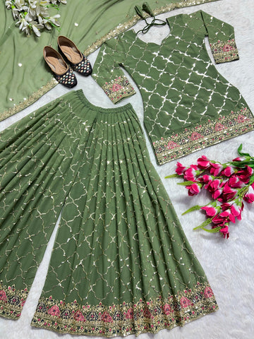 Wedding Wear Green Color Heavy Faux Georgette With 5mm Sequence Embroidery Work Sharara Suit