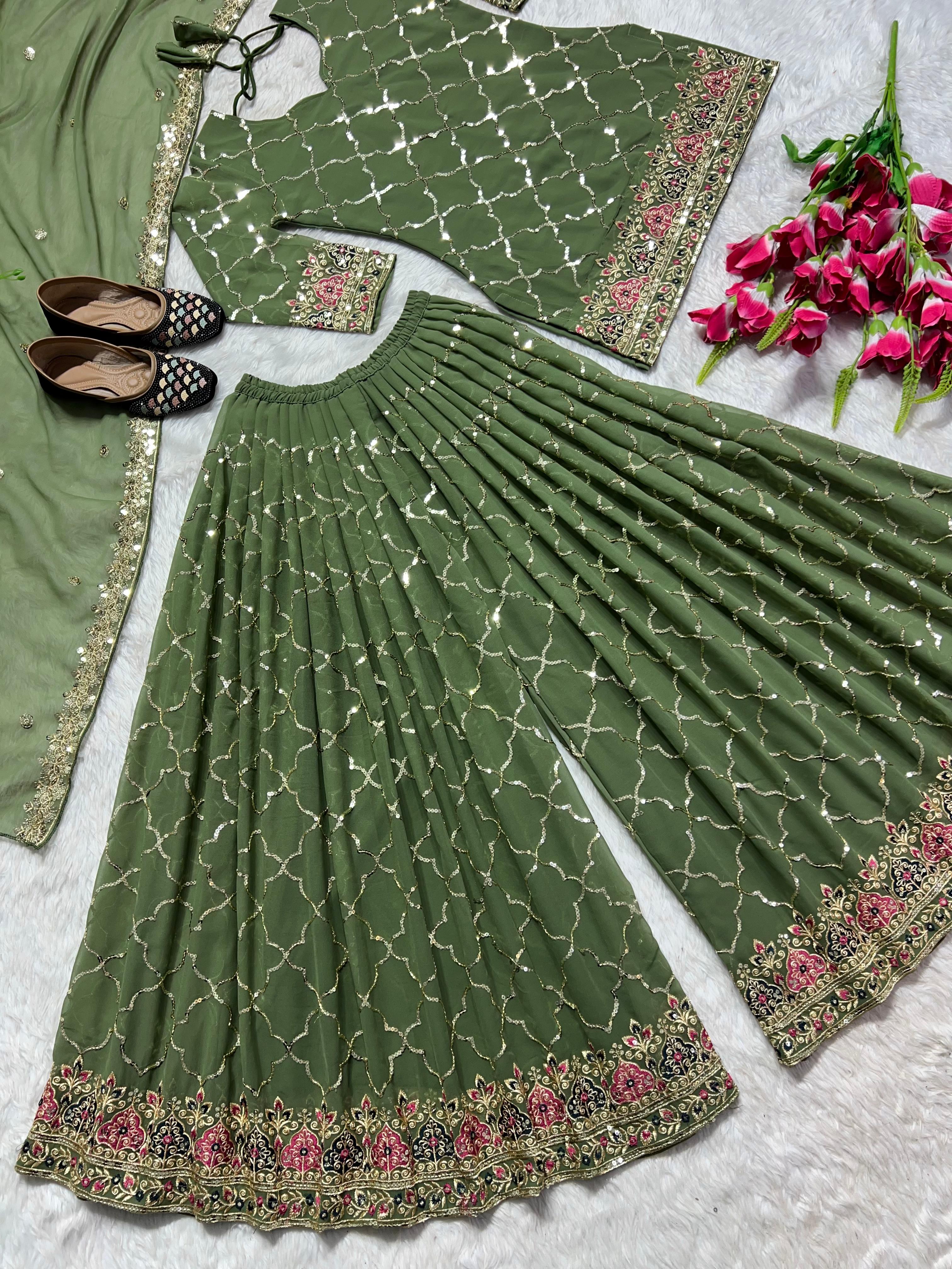 Wedding Wear Green Color Heavy Faux Georgette With 5mm Sequence Embroidery Work Sharara Suit