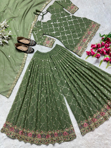 Wedding Wear Green Color Heavy Faux Georgette With 5mm Sequence Embroidery Work Sharara Suit