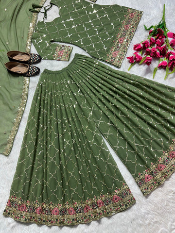 Wedding Wear Green Color Heavy Faux Georgette With 5mm Sequence Embroidery Work Sharara Suit