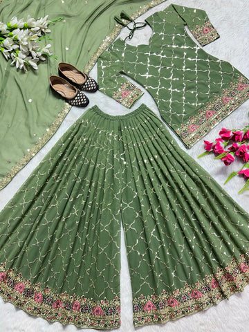 Wedding Wear Green Color Heavy Faux Georgette With 5mm Sequence Embroidery Work Sharara Suit