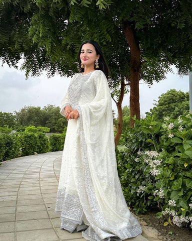 Good Looking Off White Color Foux Georgette Embroidery Sequence Work Designer Sharara Suit