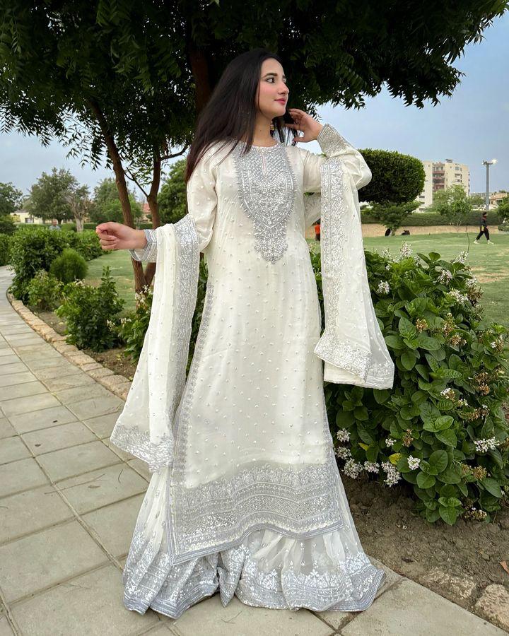 Good Looking Off White Color Foux Georgette Embroidery Sequence Work Designer Sharara Suit