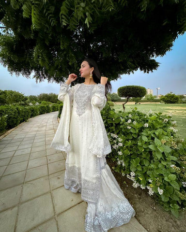 Good Looking Off White Color Foux Georgette Embroidery Sequence Work Designer Sharara Suit