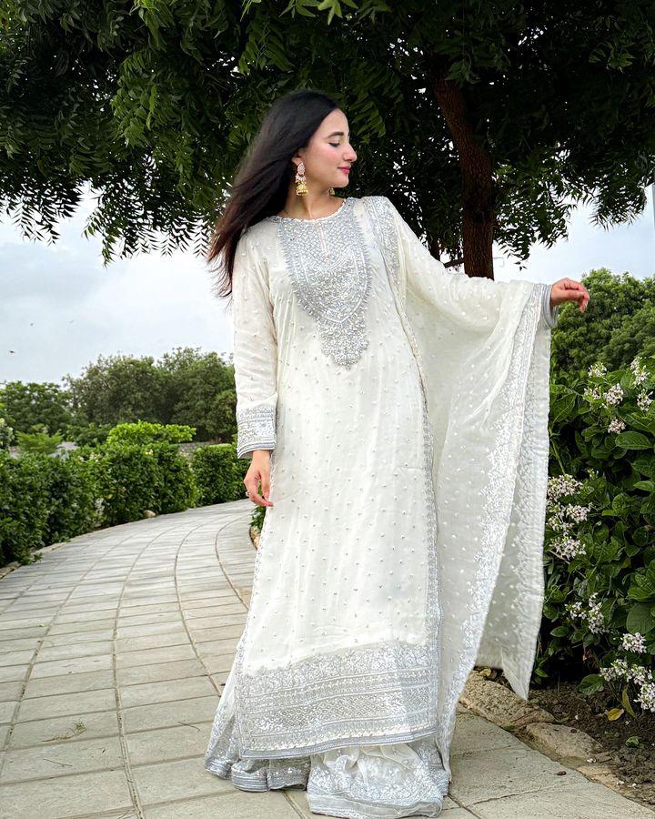 Good Looking Off White Color Foux Georgette Embroidery Sequence Work Designer Sharara Suit