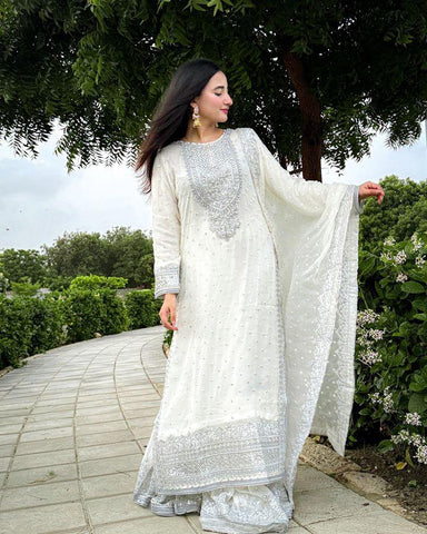 Good Looking Off White Color Foux Georgette Embroidery Sequence Work Designer Sharara Suit