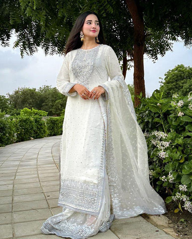 Good Looking Off White Color Foux Georgette Embroidery Sequence Work Designer Sharara Suit