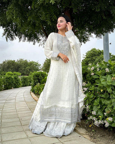 Good Looking Off White Color Foux Georgette Embroidery Sequence Work Designer Sharara Suit