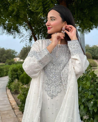 Good Looking Off White Color Foux Georgette Embroidery Sequence Work Designer Sharara Suit