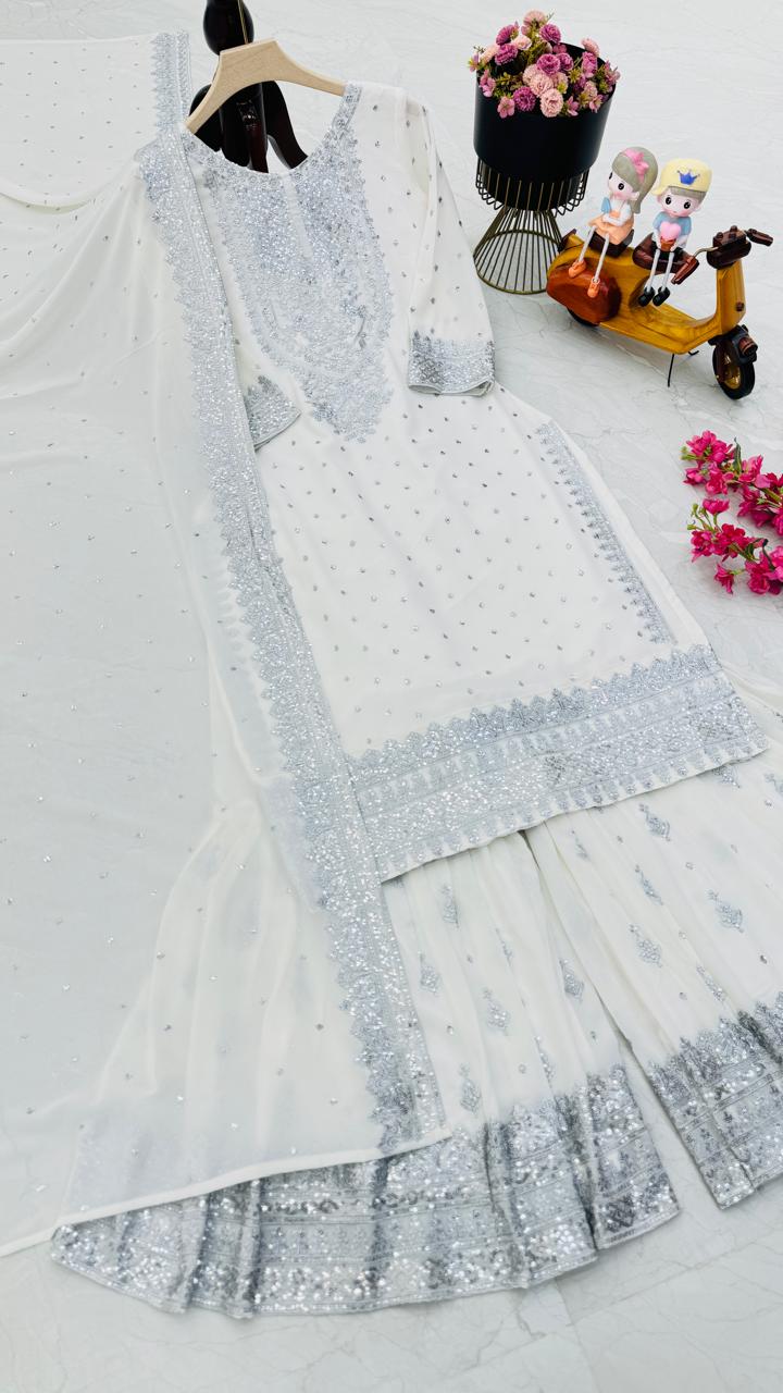 Good Looking Off White Color Foux Georgette Embroidery Sequence Work Designer Sharara Suit