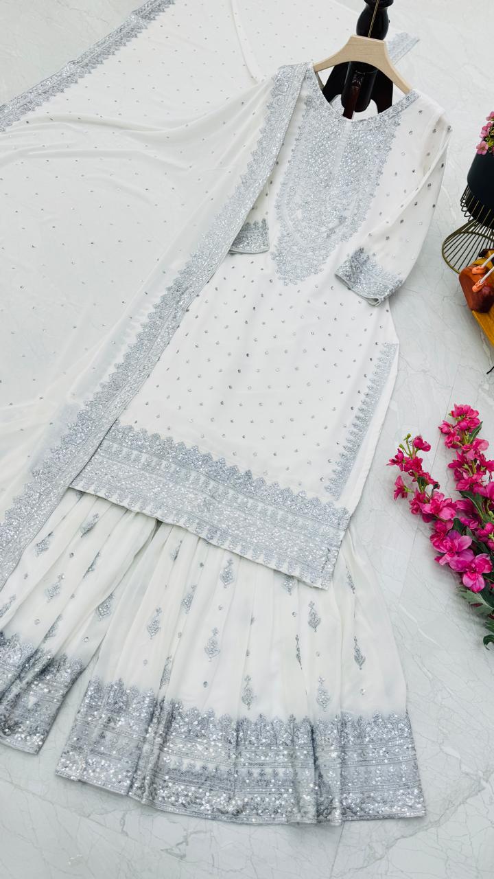 Good Looking Off White Color Foux Georgette Embroidery Sequence Work Designer Sharara Suit