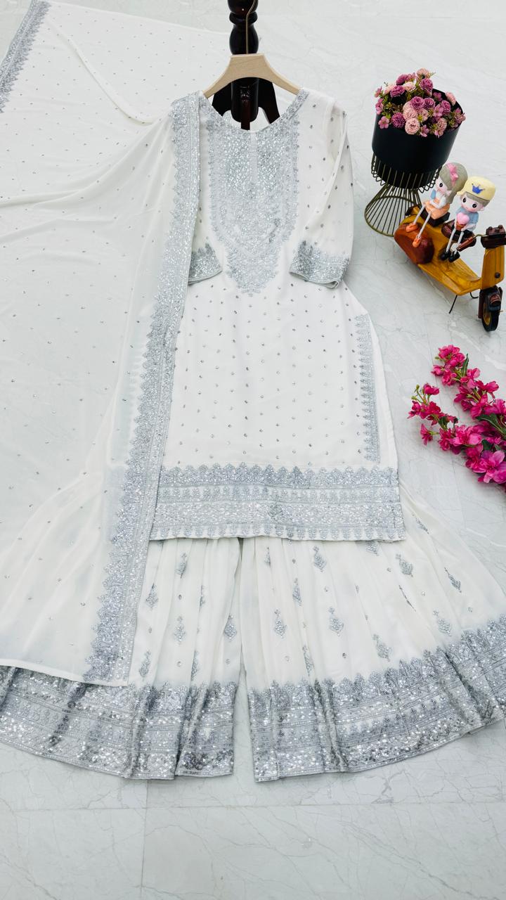 Good Looking Off White Color Foux Georgette Embroidery Sequence Work Designer Sharara Suit