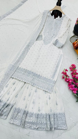 Good Looking Off White Color Foux Georgette Embroidery Sequence Work Designer Sharara Suit