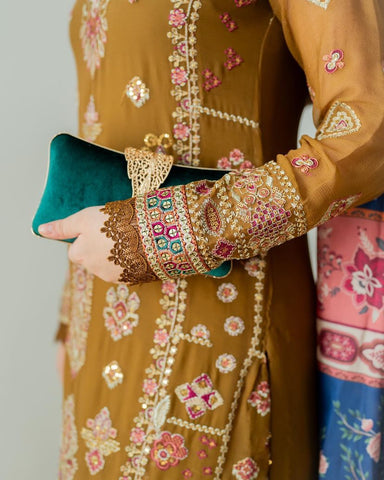 Marriage Special Mustard Color Foux Georgette Embroidery Sequence Work Sharara Suit