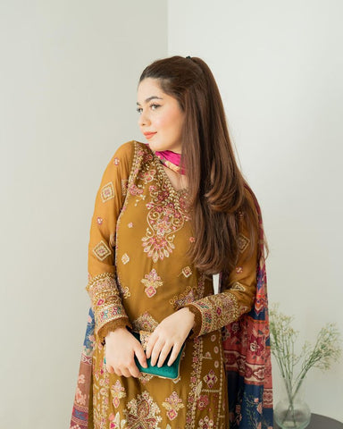Marriage Special Mustard Color Foux Georgette Embroidery Sequence Work Sharara Suit