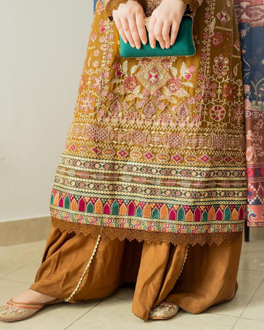 Marriage Special Mustard Color Foux Georgette Embroidery Sequence Work Sharara Suit