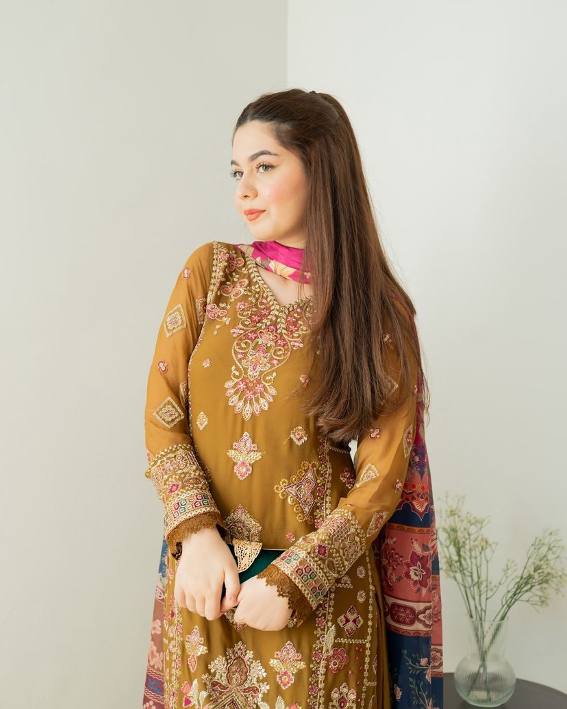 Marriage Special Mustard Color Foux Georgette Embroidery Sequence Work Sharara Suit