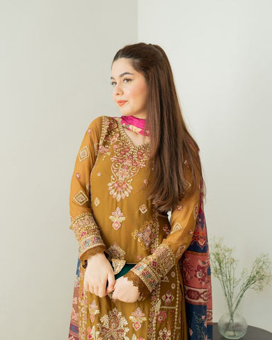 Marriage Special Mustard Color Foux Georgette Embroidery Sequence Work Sharara Suit