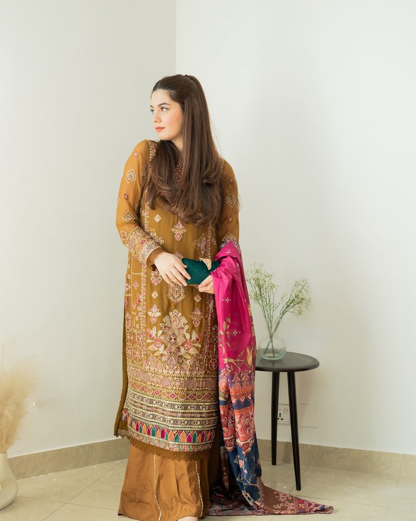 Marriage Special Mustard Color Foux Georgette Embroidery Sequence Work Sharara Suit
