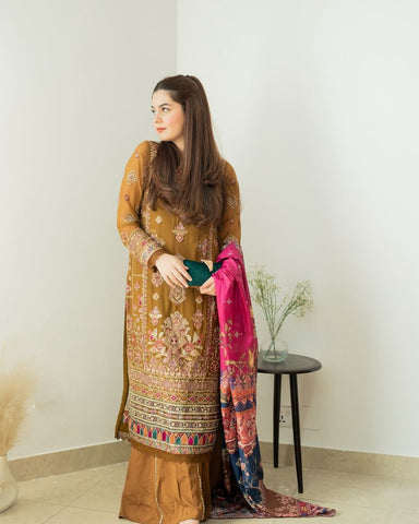 Marriage Special Mustard Color Foux Georgette Embroidery Sequence Work Sharara Suit