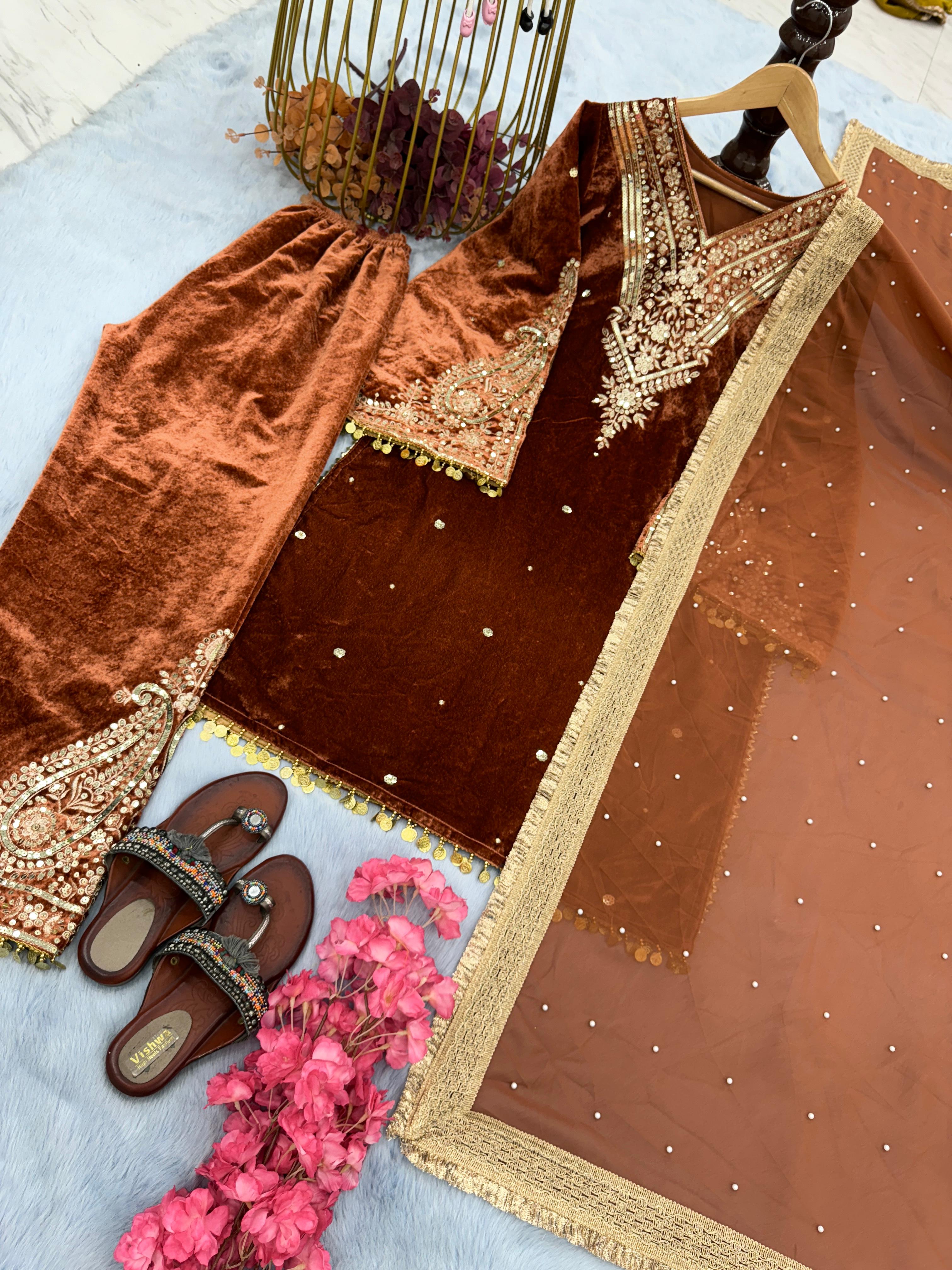 Classy Orange Color Heavy Pure Viscose Velvet  Sequence Work With Rivet Moti Work Salwar Suit