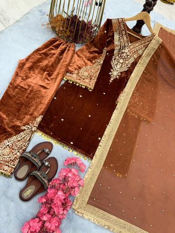 Classy Orange Color Heavy Pure Viscose Velvet  Sequence Work With Rivet Moti Work Salwar Suit