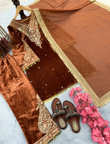 Classy Orange Color Heavy Pure Viscose Velvet  Sequence Work With Rivet Moti Work Salwar Suit