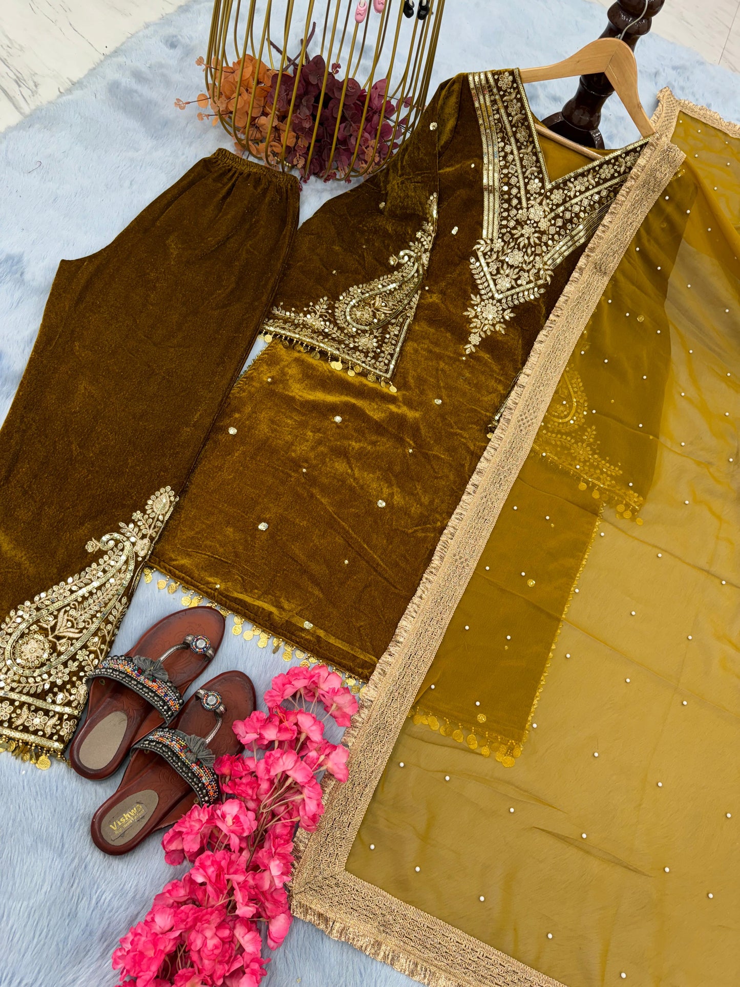 Stylish Mustard Color Heavy Pure Viscose Velvet  Sequence Work With Rivet Moti Work Salwar Suit