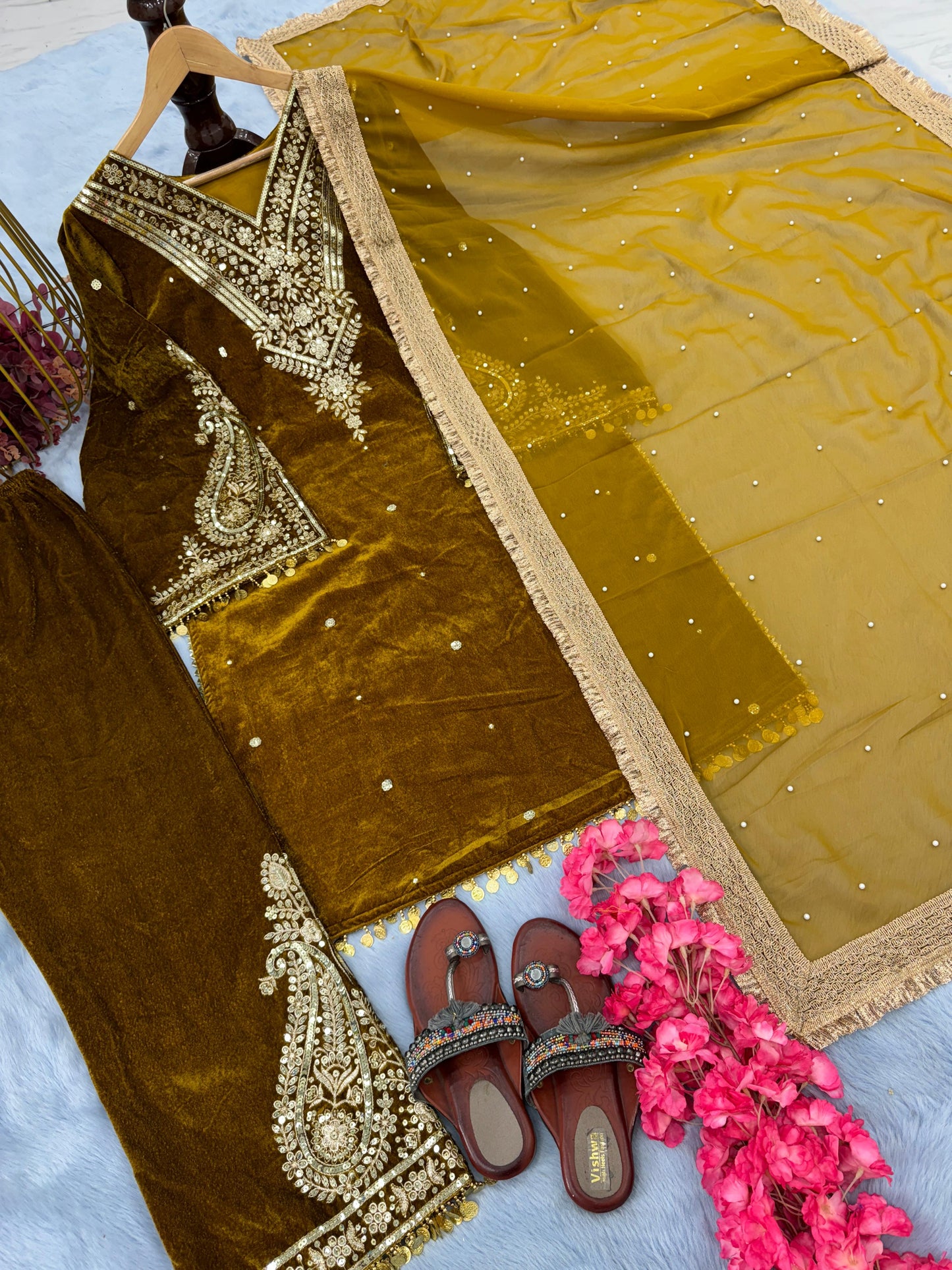 Stylish Mustard Color Heavy Pure Viscose Velvet  Sequence Work With Rivet Moti Work Salwar Suit