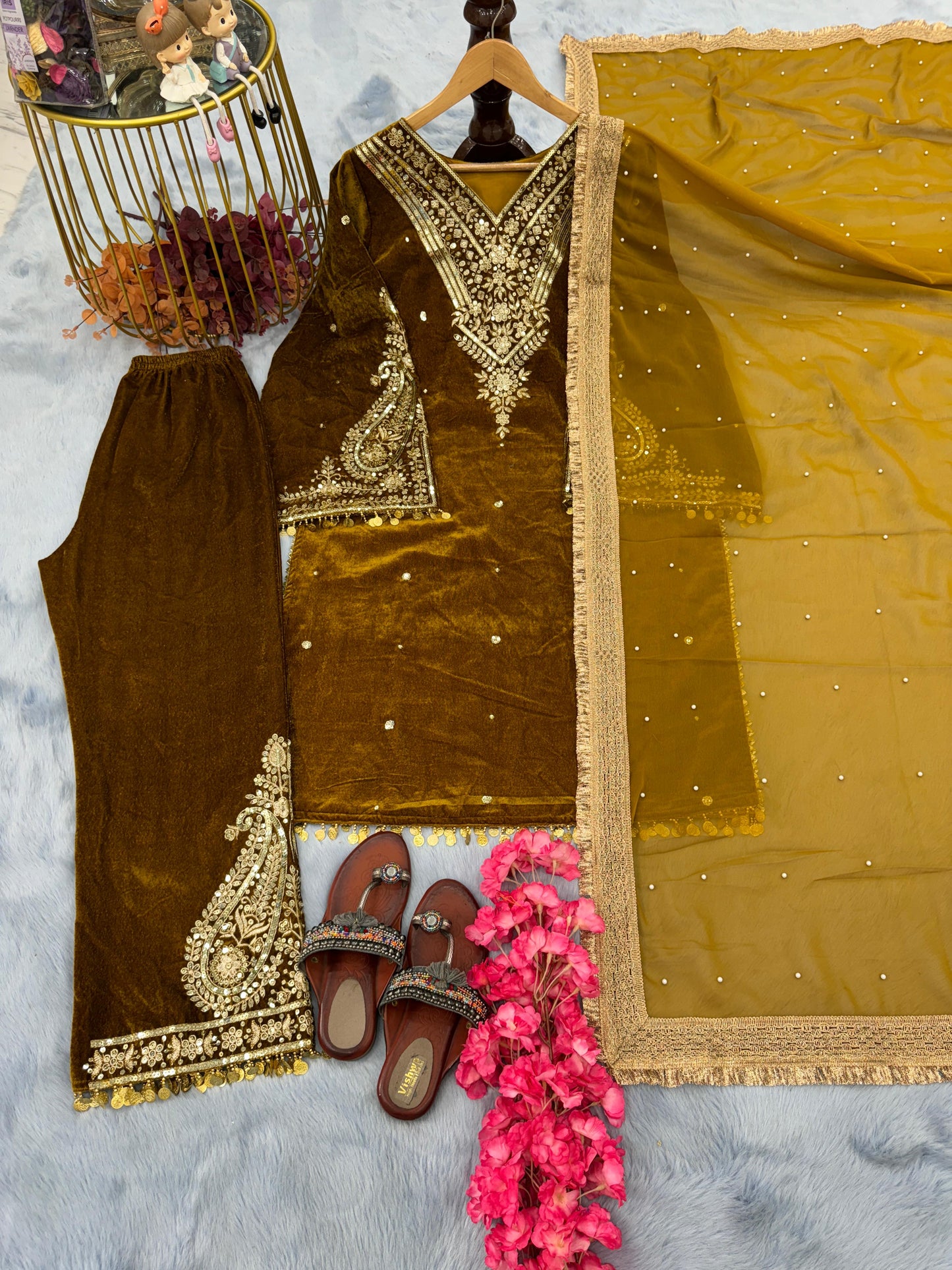 Stylish Mustard Color Heavy Pure Viscose Velvet  Sequence Work With Rivet Moti Work Salwar Suit