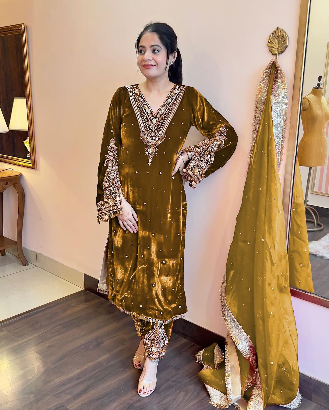 Stylish Mustard Color Heavy Pure Viscose Velvet  Sequence Work With Rivet Moti Work Salwar Suit