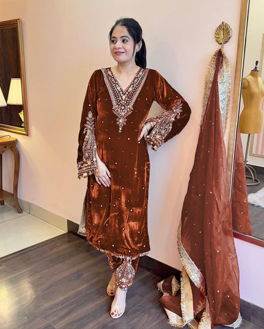 Classy Orange Color Heavy Pure Viscose Velvet  Sequence Work With Rivet Moti Work Salwar Suit