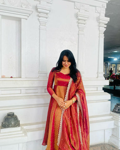 Gorgeous Orange Color Pure Fancy Twill Gold Net With Embroidery 5mm Sequence Work Anarkali Gown