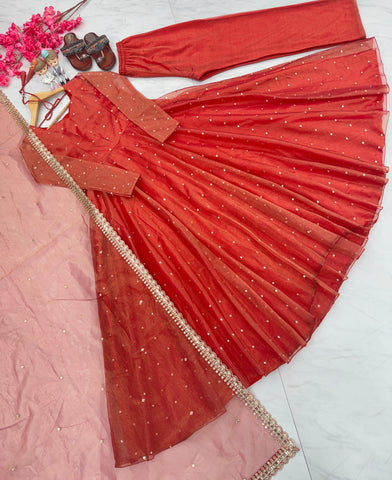 Gorgeous Orange Color Pure Fancy Twill Gold Net With Embroidery 5mm Sequence Work Anarkali Gown