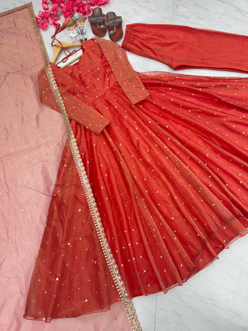 Gorgeous Orange Color Pure Fancy Twill Gold Net With Embroidery 5mm Sequence Work Anarkali Gown