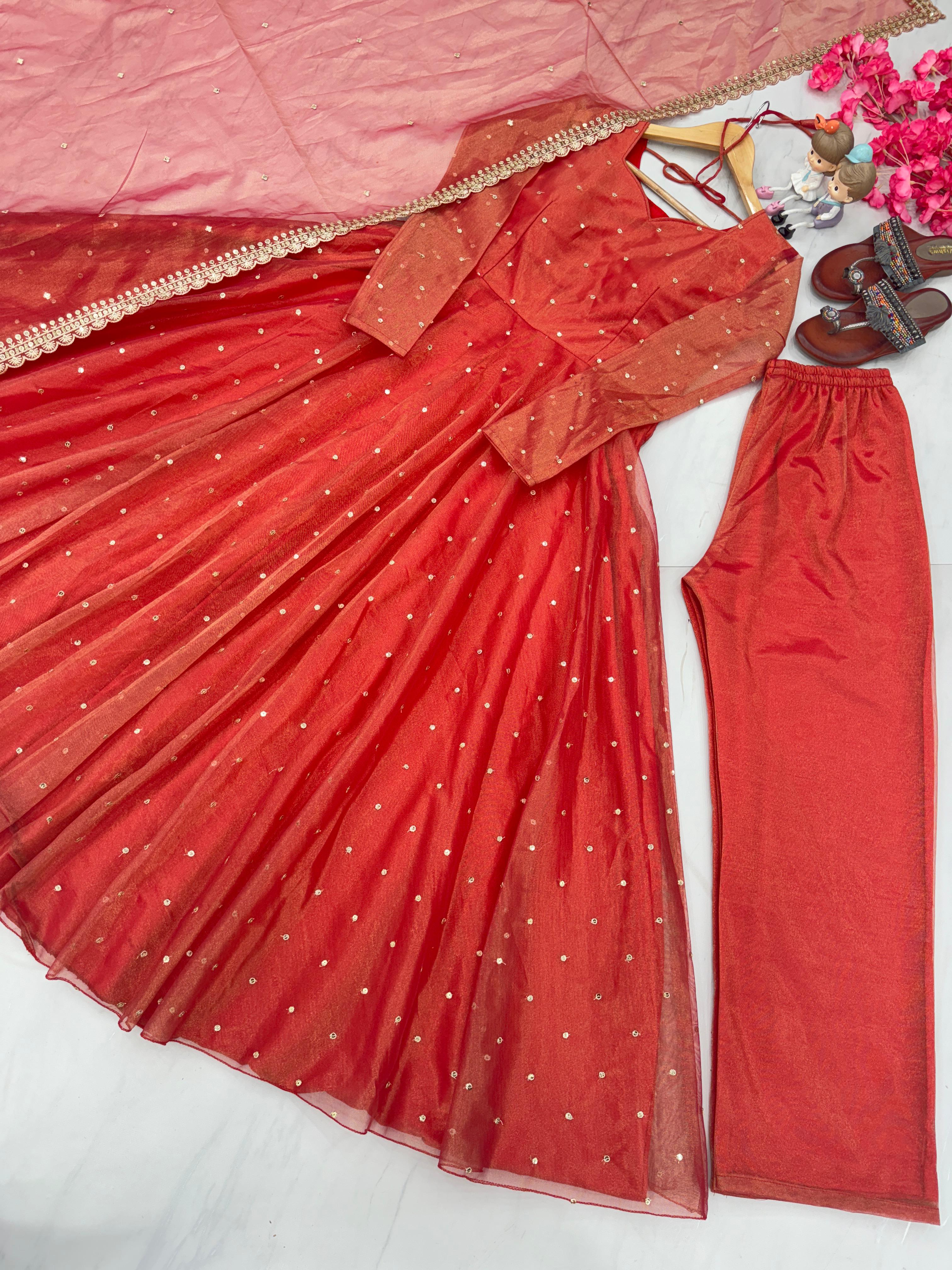 Gorgeous Orange Color Pure Fancy Twill Gold Net With Embroidery 5mm Sequence Work Anarkali Gown