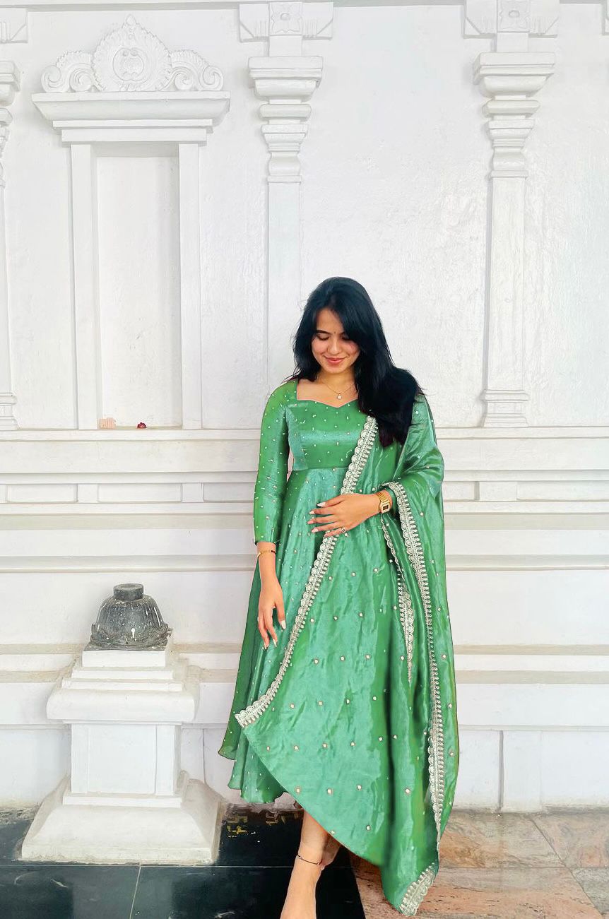 Fancy Mint Green Color Pure Fancy Twill Gold Net With Embroidery 5mm Sequence Work Anarkali Gown