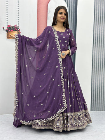 Festive Wear Purple Color Foux Georgette Heavy Embroidery 7mm Sequence Work Anarkali Gown