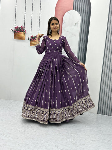 Festive Wear Purple Color Foux Georgette Heavy Embroidery 7mm Sequence Work Anarkali Gown