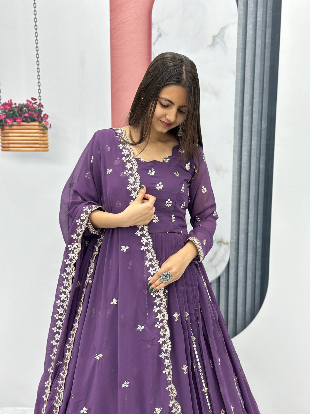 Festive Wear Purple Color Foux Georgette Heavy Embroidery 7mm Sequence Work Anarkali Gown