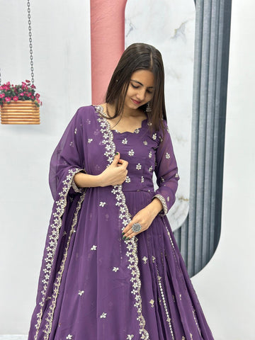 Festive Wear Purple Color Foux Georgette Heavy Embroidery 7mm Sequence Work Anarkali Gown