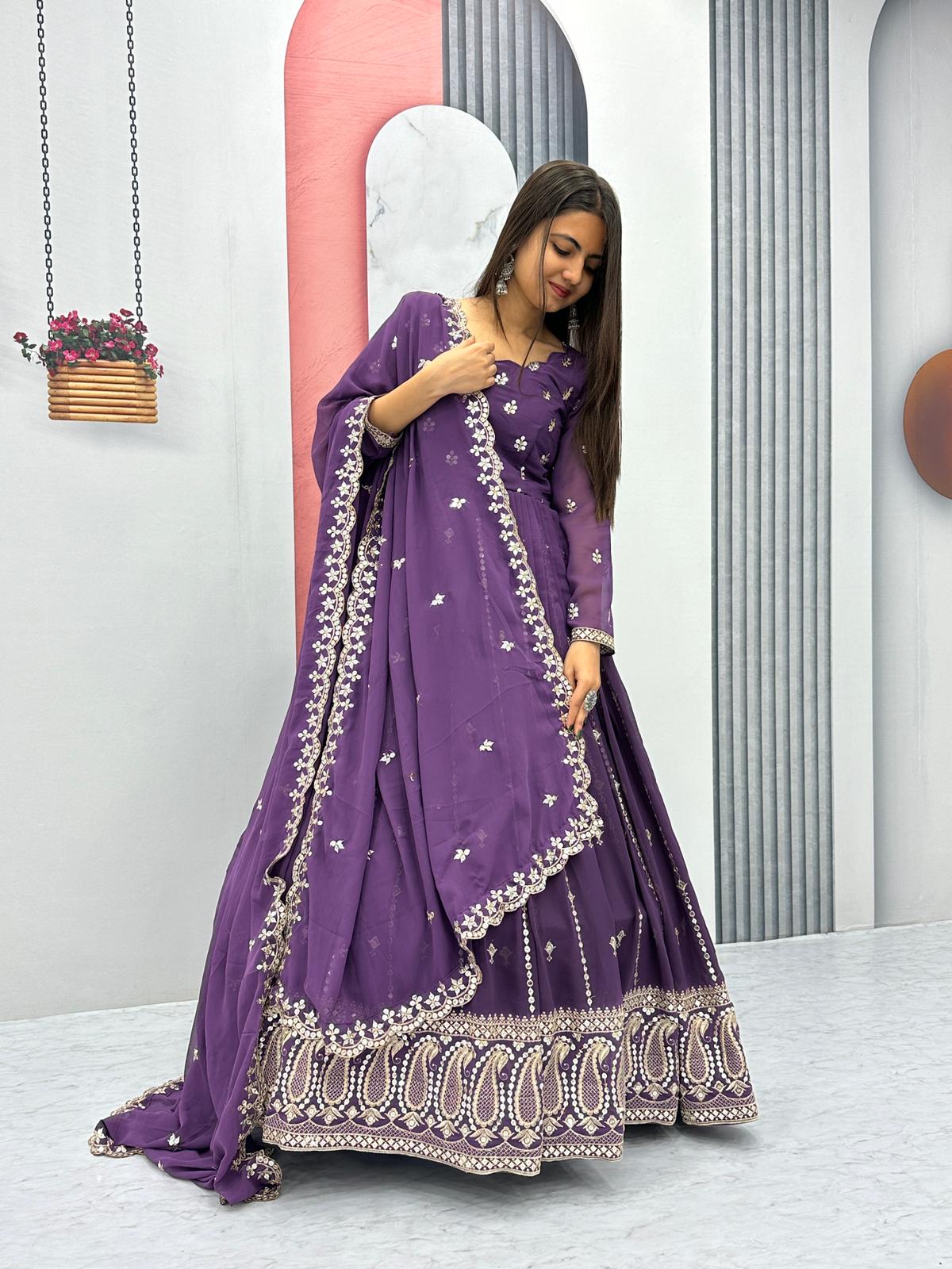 Festive Wear Purple Color Foux Georgette Heavy Embroidery 7mm Sequence Work Anarkali Gown
