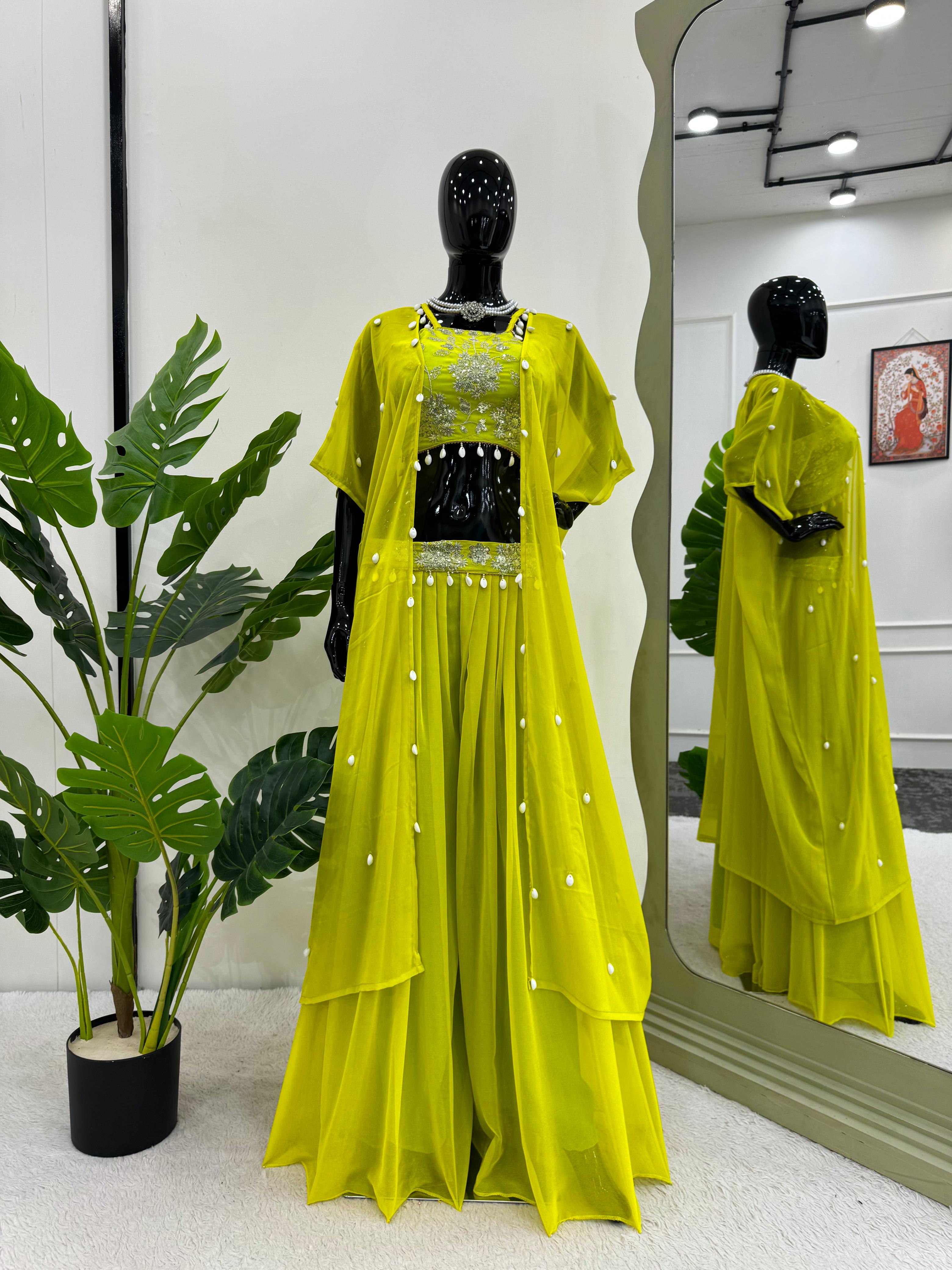 Party Wear Parrot Green Color Faux Georgette Thread With Sequence And Koti Work Sharara Suit