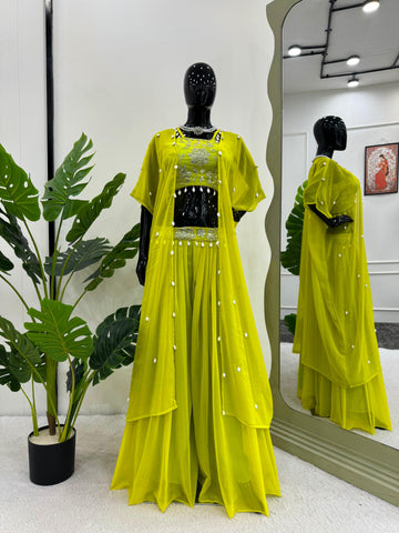 Party Wear Parrot Green Color Faux Georgette Thread With Sequence And Koti Work Sharara Suit