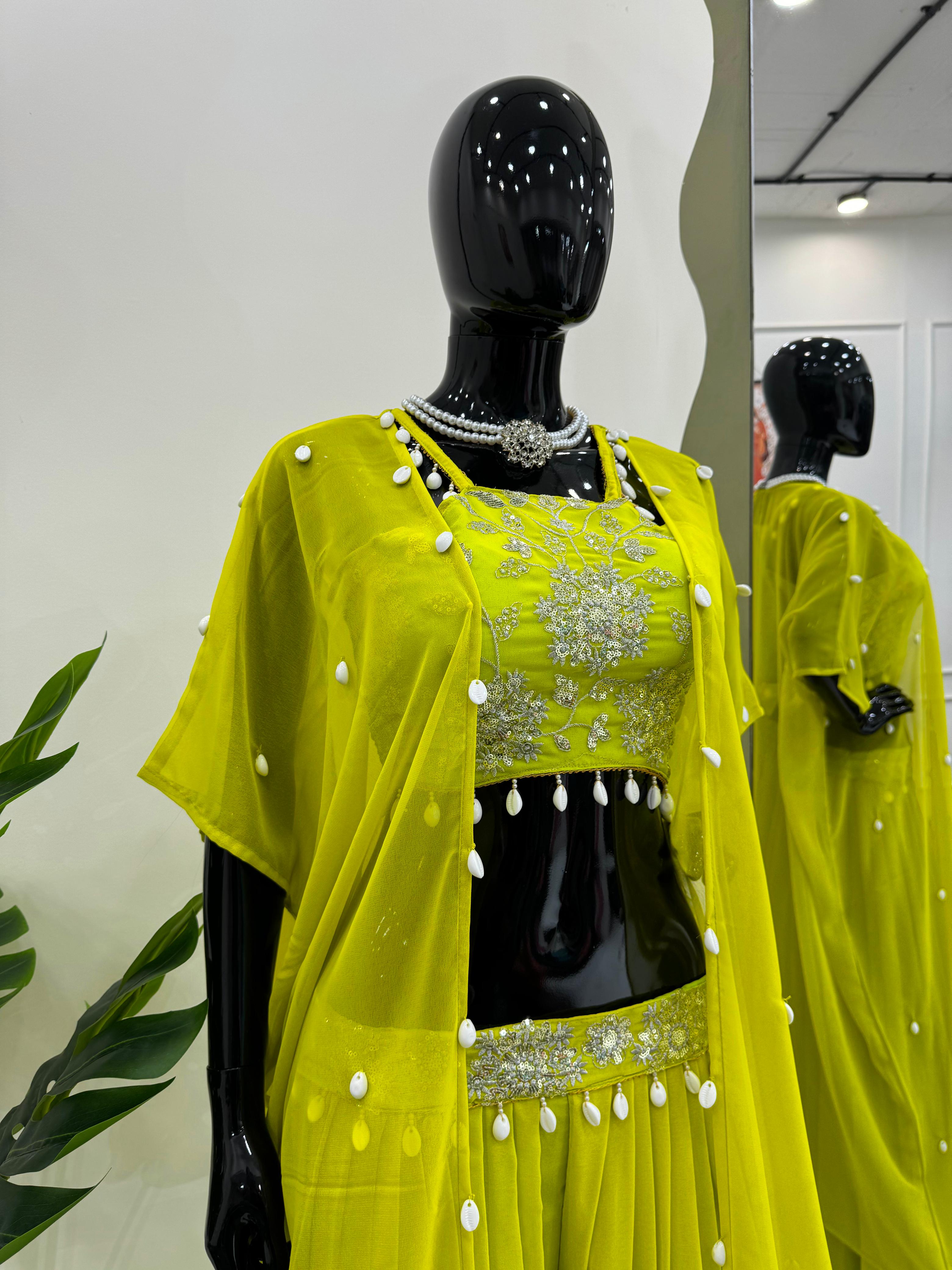 Party Wear Parrot Green Color Faux Georgette Thread With Sequence And Koti Work Sharara Suit