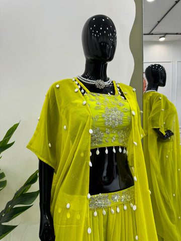 Party Wear Parrot Green Color Faux Georgette Thread With Sequence And Koti Work Sharara Suit