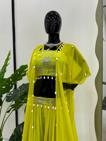 Party Wear Parrot Green Color Faux Georgette Thread With Sequence And Koti Work Sharara Suit