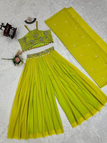 Party Wear Parrot Green Color Faux Georgette Thread With Sequence And Koti Work Sharara Suit