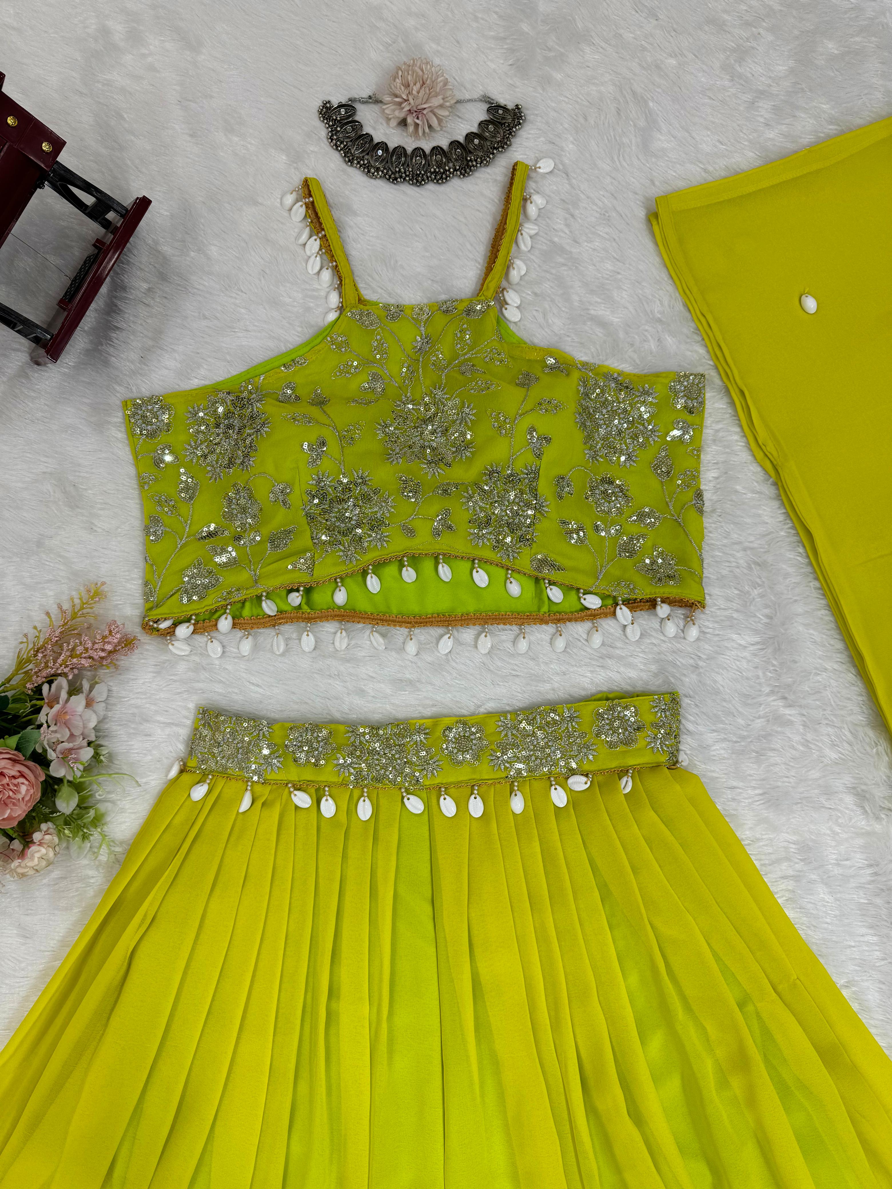 Party Wear Parrot Green Color Faux Georgette Thread With Sequence And Koti Work Sharara Suit