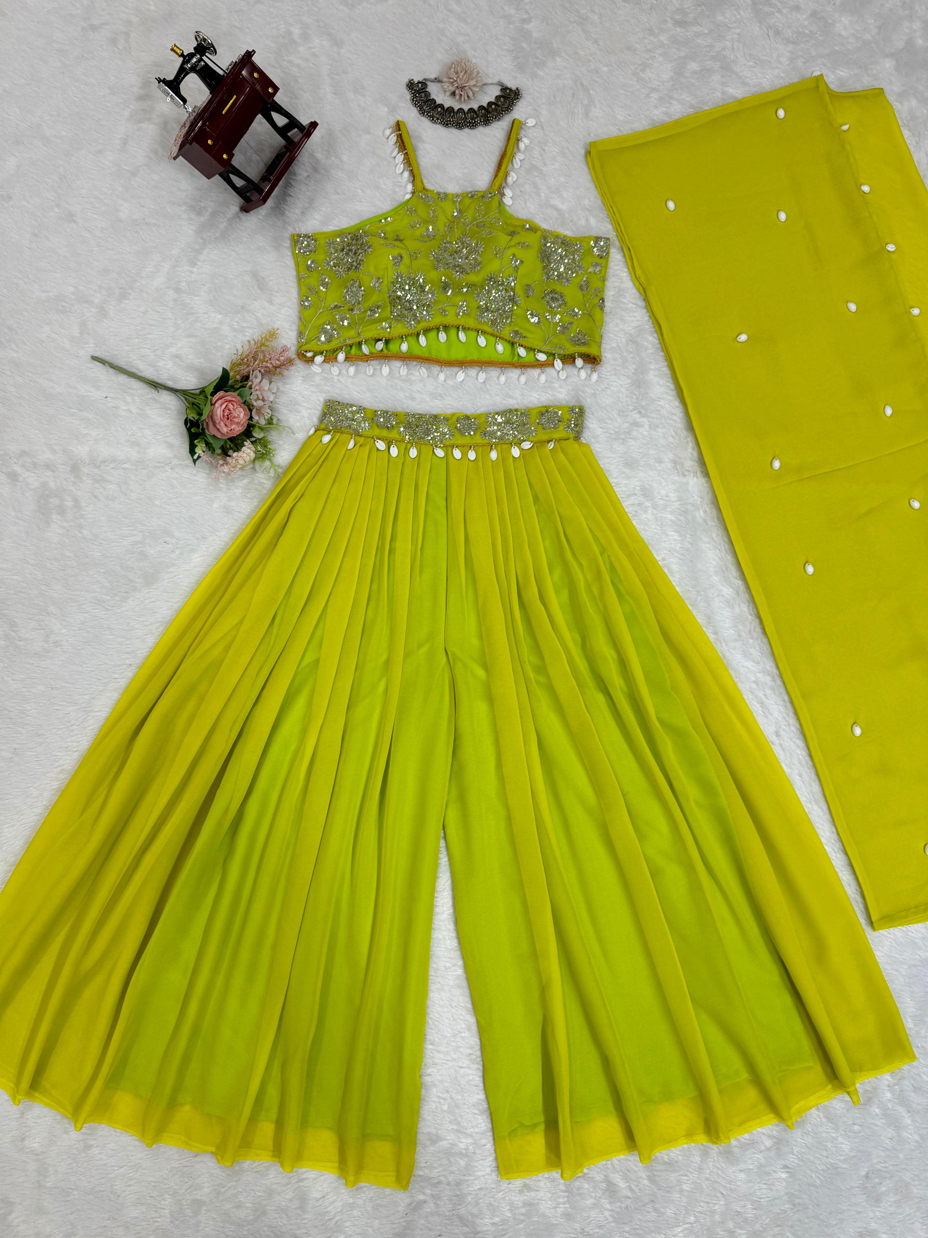 Party Wear Parrot Green Color Faux Georgette Thread With Sequence And Koti Work Sharara Suit